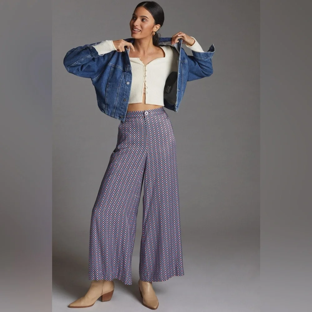 Anthropologie Maeve Wide Leg Pants in light blue/pink pattern - Picture 1 of 9